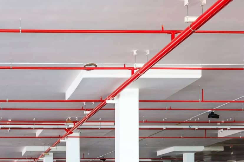 Red fire sprinkler pipework installed across a ceiling