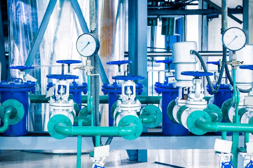 Industrial valves with pressure gauges on a pipe manifold